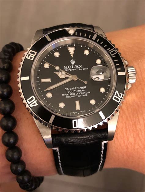 rolex submariner black leather strap|Rolex Submariner straps.